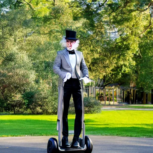 Image similar to an anthropomorphic silver fox in a dapper suit and a top hat riding a Segway in a park, photo, 4K