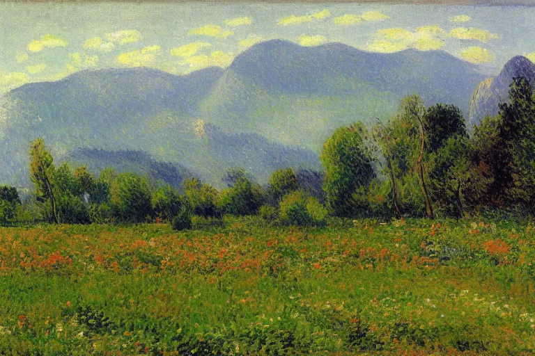 Prompt: a meadow with flowers, mountains in the background, plains, painting by Camille Pissarro