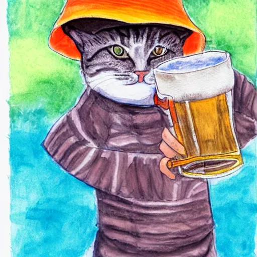 Prompt: an illustration a cat wearing a bucket hat and a hawaii shirt drinking a beer at an outdoor bar, watercolor drawing