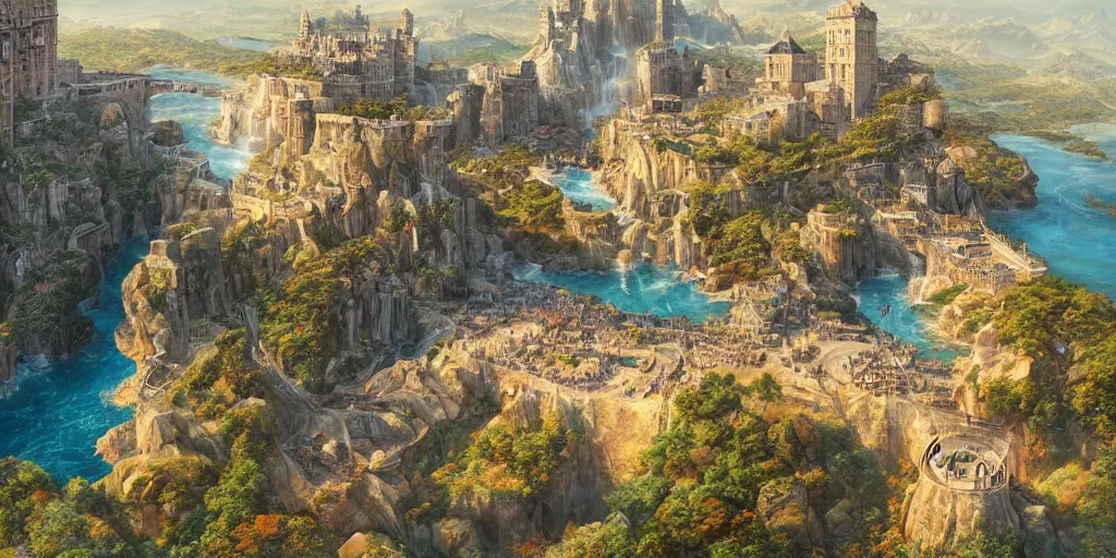 Prompt: Aerial map of a medieval city on top of a giant waterfall, D&D, fantasy, highly detailed, digital painting, artstation, smooth, sharp focus, illustration, art by artgerm and greg rutkowski and james gurney, cinematic, golden hour