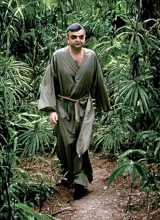 Image similar to award - winning national geographic telephoto photograph of rowan atkinson wandering through the jungle in a hospital gown. rowan appears visibly confused and lost