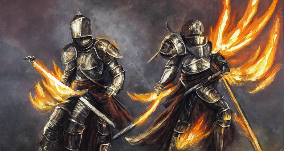 Image similar to An oil painting of a knight in dark metal armor wielding a flaming sword