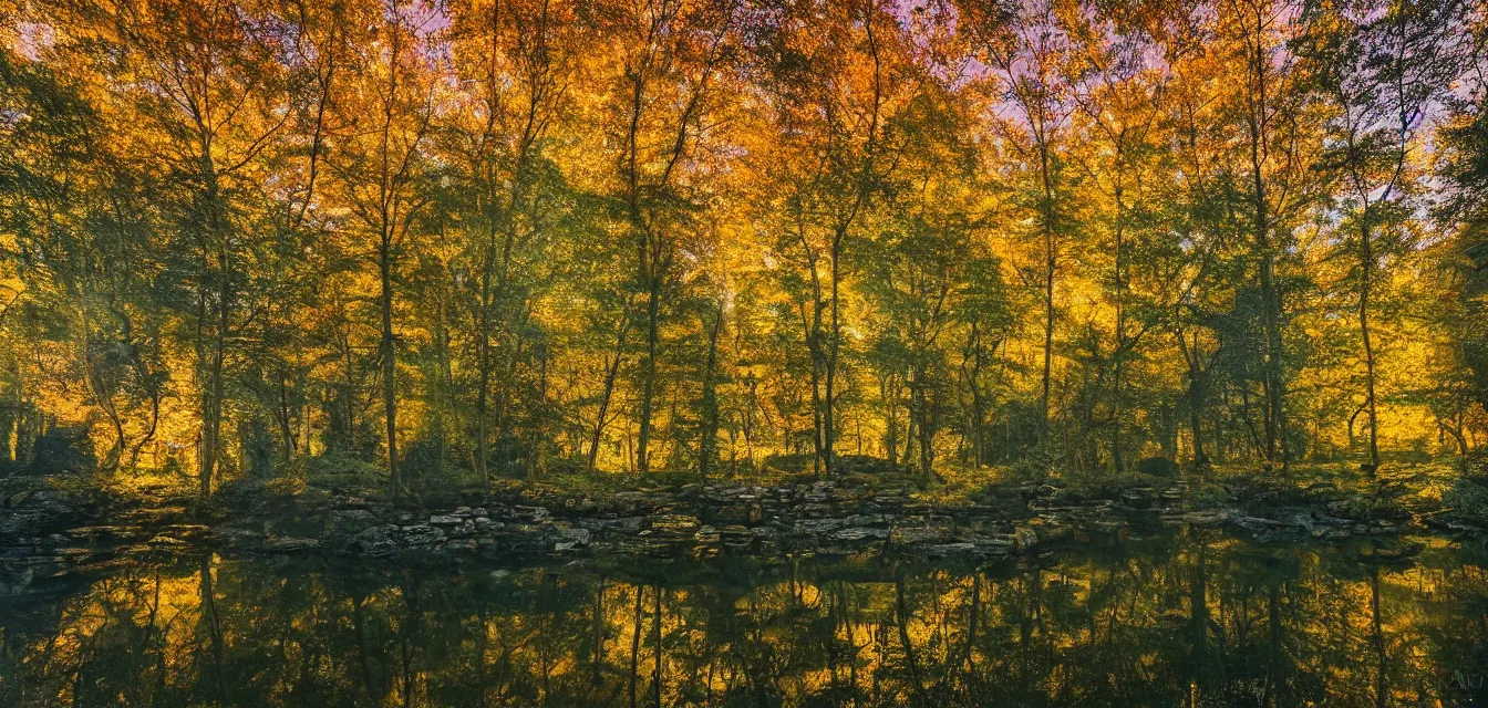 Image similar to stone cottages underneath a dense tall forest, pristine ponds. bodyscapes. fine painting intricate brush strokes, bright depth oil colors. 2 8 mm perspective photography by araken alcantara. intense promiseful happiness, autumn sunrise warm hdri forest light