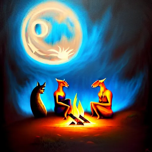 Image similar to strange mythical beasts of sitting around a fire under a full moon, surreal dark uncanny painting by ronny khalil