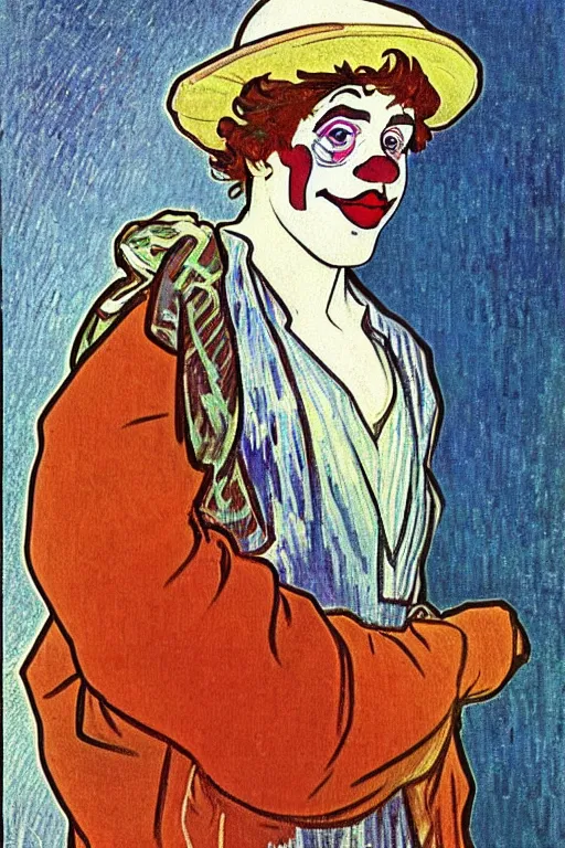 Prompt: pepes the handsome delicate beautiful male clown wearing stylish modest! clown clothes and sledding in the snow in winter, masculine high fashion, elegant, clear, painting, stylized, delicate, soft facial features, delicate facial features, art by alphonse mucha, vincent van gogh