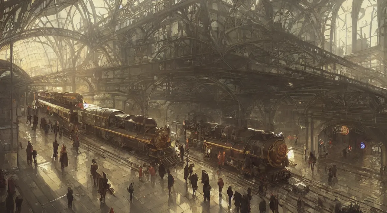 Image similar to subway station with an arriving steam train, highly detailed, digital painting, artstation, concept art, smooth, sharp focus, steampunk illustration, art by greg rutkowski and alphonse mucha