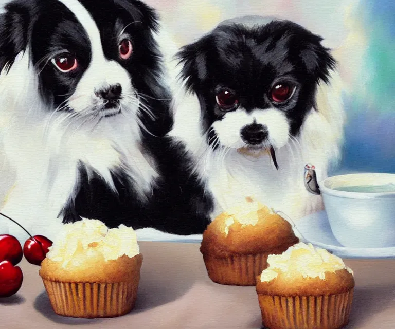 Image similar to white and black japanese chin dog eating cherry muffins, oil painting