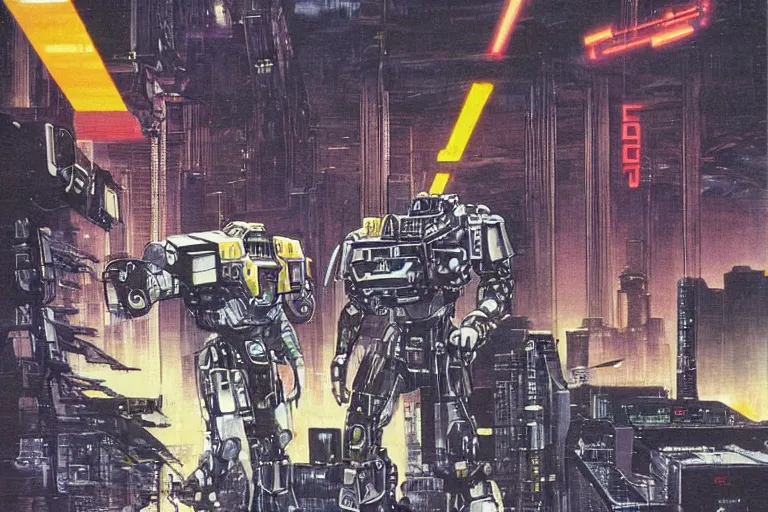 Prompt: 1 9 7 9 science fiction depicting mechwarrior in neo - tokyo. art by tim conrad and vic bonilla