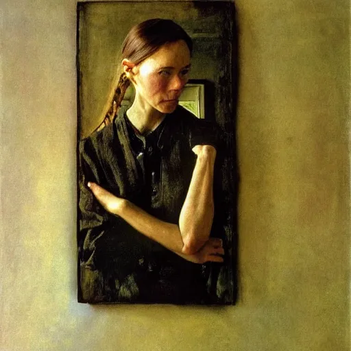 Prompt: a stunning masterful portrait of a confident down syndrome woman with braided hair by andrew wyeth, john singer sargent, and norman rockwell, natural light, oil painting, ethereal, wong kar wai, strong brushwork