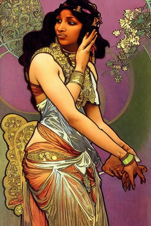 Image similar to painting of nikki minaj as the greek goddess of nail polish, by alphonse mucha