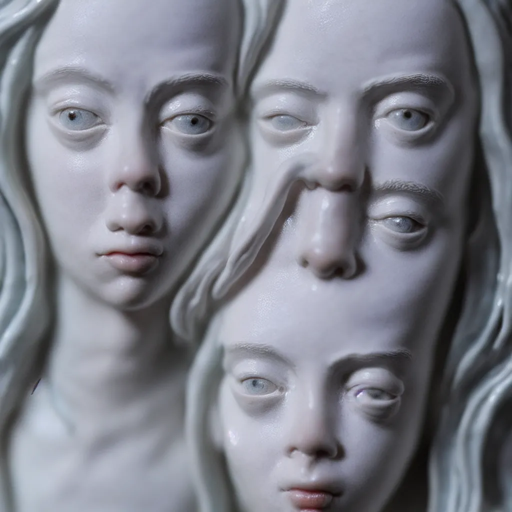 Image similar to a closeup photo - real delicate ceramic porcelain sculpture of detailed billie eilish in front of a intricate background by davinci, micro detail, backlit lighting, subsurface scattering, translucent, thin porcelain, octane renderer, colorful, physically based rendering, trending on cgsociety