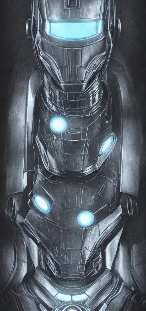 Image similar to steampunk, H.R. Giger design of Iron Man, body and head, drawing on pencil, ornate, details, smooth, sharp focus, illustration, realistic, cinematic, artstation, award winning, rgb, ethereal blue lighting, 8K,