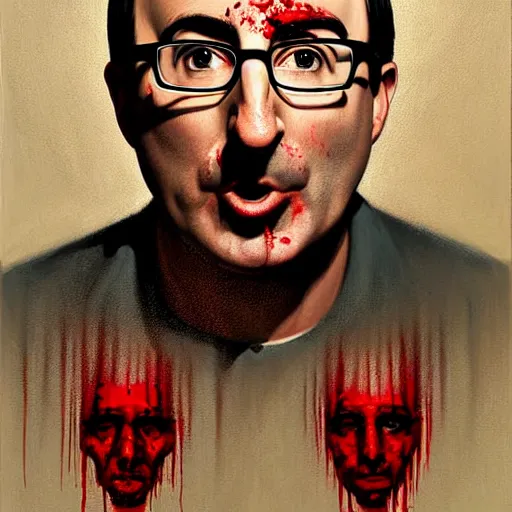 Prompt: Facial portrait. John Oliver, looking at the camera, disgusted, he is covered in blood. fear inspiring mood, intimidating. extremely detailed painting on canvas. by Greg Rutkowski and by Henry Justice Ford and by Steve Henderson. Shown in a newspaper.