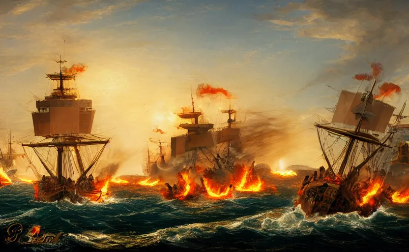 Prompt: the battle of salamis with ships on fire, photography, golden hour, extremely detailed, 4 k