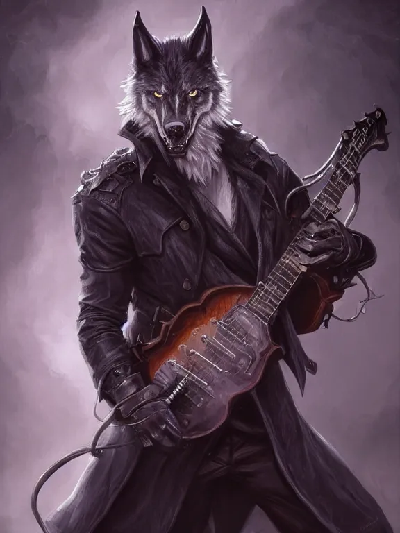 Prompt: picture of male lycan wolf bard, jet black trenchcoat, big guitar, high fantasy, highly detailed, detailed faces, smooth, sharp focus, chiaroscuro, dnd, digital painting, concept art, rossdraws and moebius and jon mcnaughton