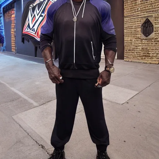 Prompt: WWE Hall of Famer Booker T, wearing a tracksuit, standing in a dark alleyway, cyberpunk