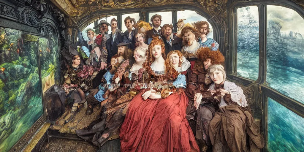 Image similar to detailed colour preraphaelite photograph group portrait of amazingly cool characterful people sat down extreme closeup, in the inside of the beautiful underwater train to atlantis, realistic and lifelike expressions, crowds of people sat down wearing unusual clothes, by william powell frith, 4 k