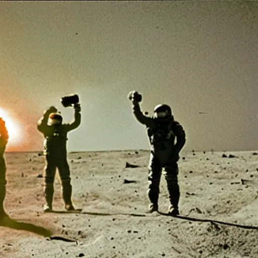 Image similar to 3 men drinking a beer on the moon as the earth explodes in the background