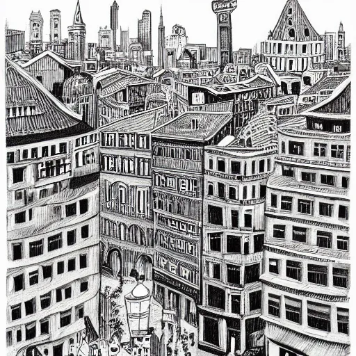 Image similar to a black and white drawing of a city, a storybook illustration by mattias adolfsson, behance contest winner, modern european ink painting, matte drawing, storybook illustration, panoramic, cityscape, minimalist