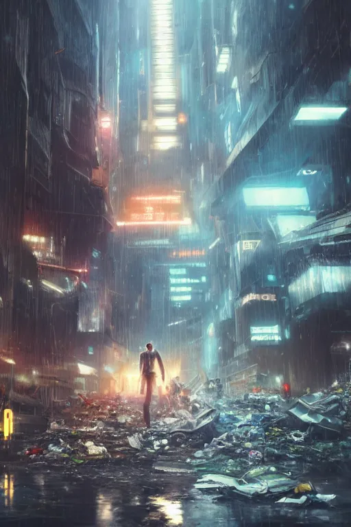 Prompt: an abstract person, vomiting electric waste and trash, blade runner, cyberpunk, lost city, hyper-realistic environment, Epic concept art