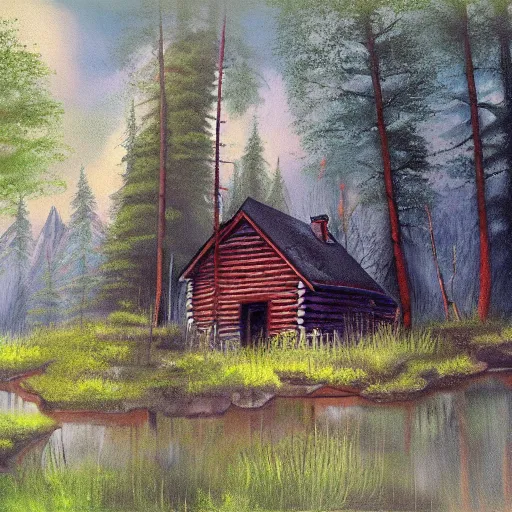 Prompt: a painting of a cabin in the woods, an airbrush painting by bob ross, deviantart, american scene painting, matte drawing, bob ross, matte painting