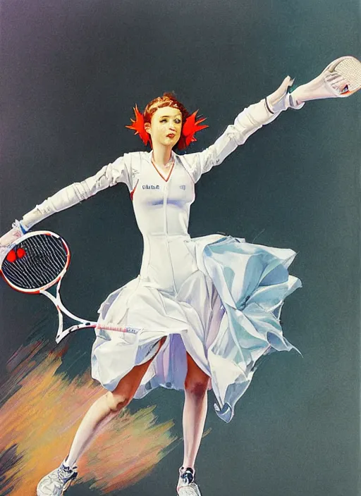 Image similar to a copic maker art nouveau portrait of a russian girl playing tennis at high speed wearing a futuristic latex pilot evangelion suit and a puffy skirt designed by balenciaga by john berkey norman rockwell