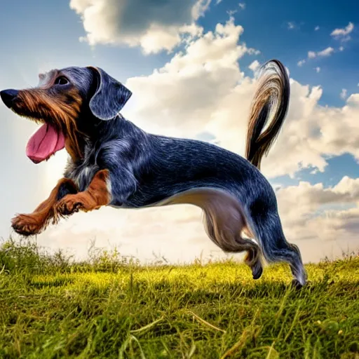 Prompt: elderly light gray wire-haired dachshund with long hair floating in heaven, jumping through blue sky, white clouds