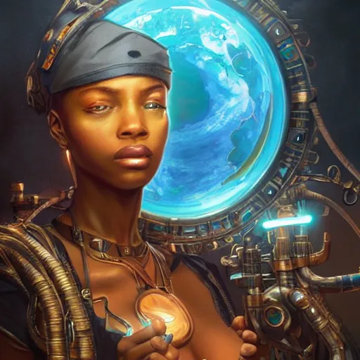 Image similar to african steampunk alchemist, science fiction, highly detailed, digital painting, beautiful eyes, symmetry, concept art, sharp focus, illustration, global illumination, radiant light, retrowave colors, detailed and intricate environment, art by artgerm and greg rutkowski and magali villeneuve and ilya kuvshinov!