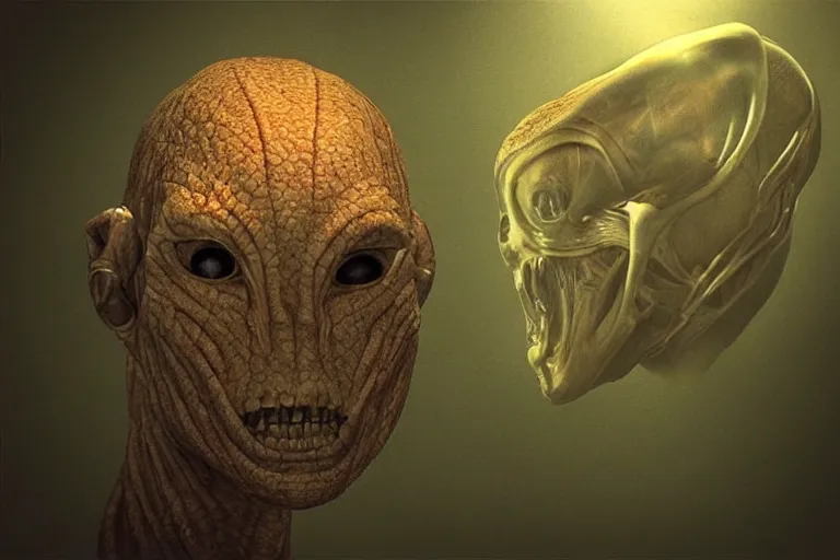 Image similar to “an alien wearing a human skin suit. Photorealistic. Dramatic lighting. Cosmic horror.”