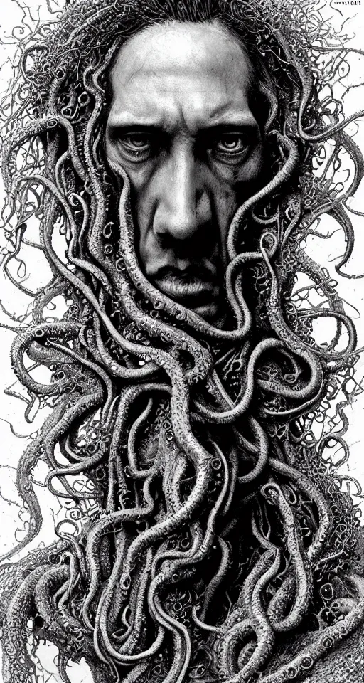 Prompt: beautiful strange detailed portrait of h.p. lovecraft, eldritch abomination, tentacles by luis royo, wayne barlowe, kirsi Salonen, asya yoranova and alan lee trending on artstation 8k