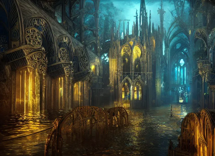 Image similar to favela gothic cathedral, underwater environment, scenery, professional, award - winning, trending on artstation, hyper detailed, realistic, beautiful, emotional, shiny, golden, picture