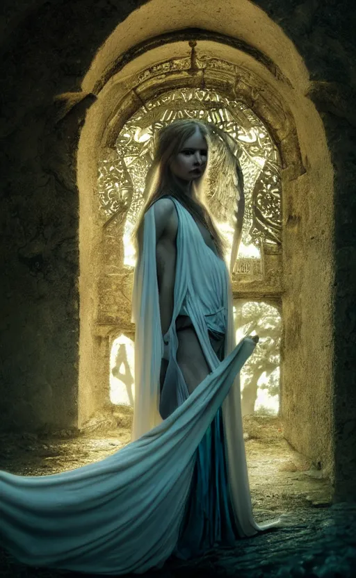 Image similar to angel, low key light, full plate armor with cloth, f 2. 8, bokeh, medium portrait, gentle, female, dark ruins, landscape, d & d, fantasy, intricate, elegant, highly detailed, teal white gold color palette, roger deakins, sharp focus, greg rutkowski and alphonse mucha