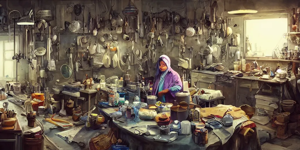 Image similar to an environmental concept art of a babushka surgeon in a cluttered workshop, surigcal impliments, surgery table, highly detailed, cinematic, dramatic