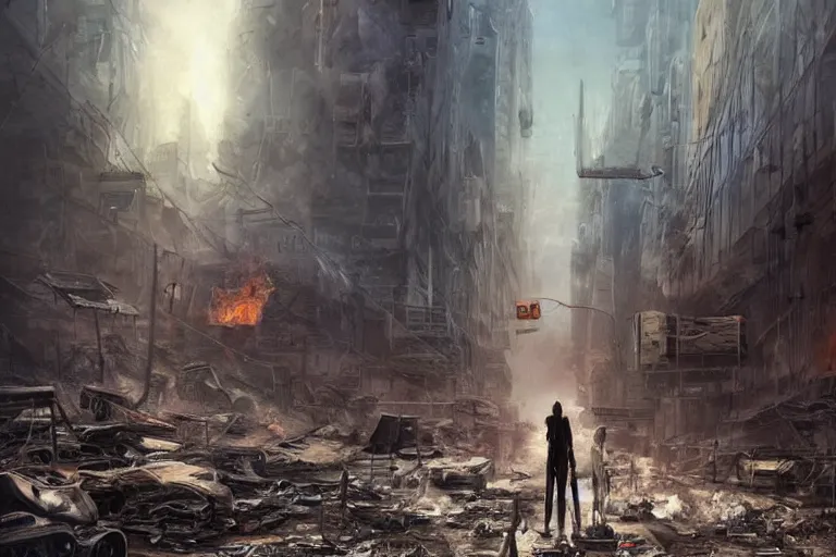 Prompt: the answer to the life!dream a lone wanderer in a dystopian city with lots of debris, cars, and fires, extremely detailed painting