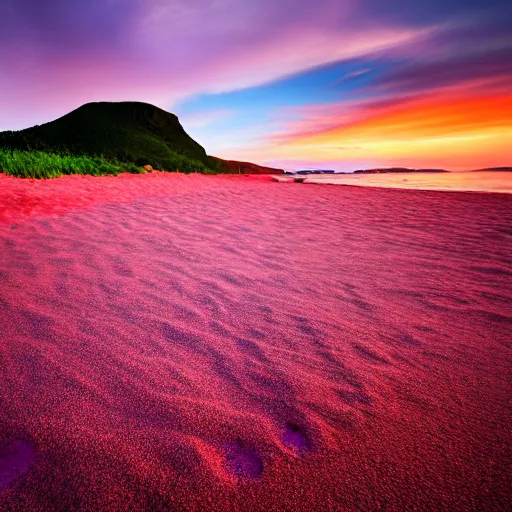 Image similar to purple refrigerator, red sand beach, green ocean, nebula sunset