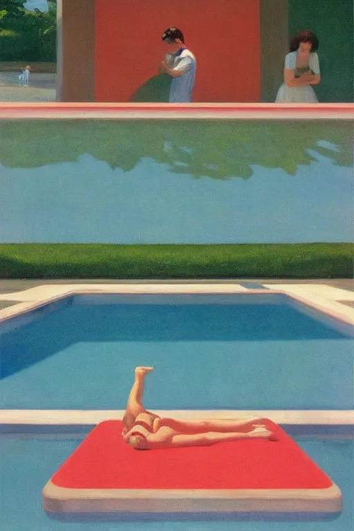 Prompt: liminal vaporwave summer swimming pool surrealism, painted by Edward Hopper, airbrush