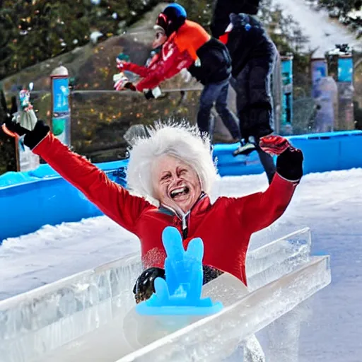 Image similar to sports illustrated olympics photo, an elderly woman sliding down an ice luge at incredibly high speeds