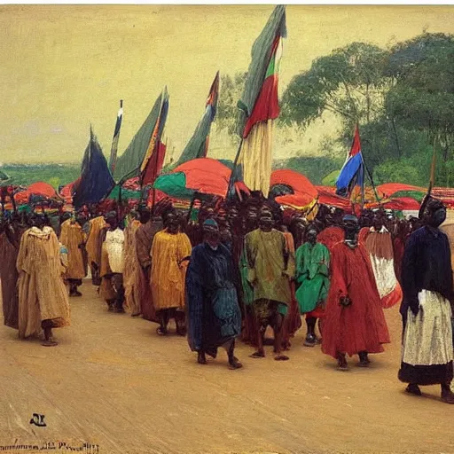 Image similar to parade of dahomey officials with colorful flat umbrellas, 1895, highly detailed, oil on canvas, by ilya repin