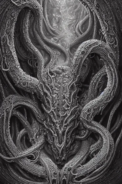 Image similar to realistic portrait of beautifully crystalized and detailed portrait of a hp lovecraft, tentacles, tendrils, eldritch, matte painting of cinematic movie scene red dragon, horror, created by gustave dore and greg rutkowski, high detailed, smooth draw, synthwave neon retro, intricate, realistic proportions, dramatic lighting, trending on artstation.