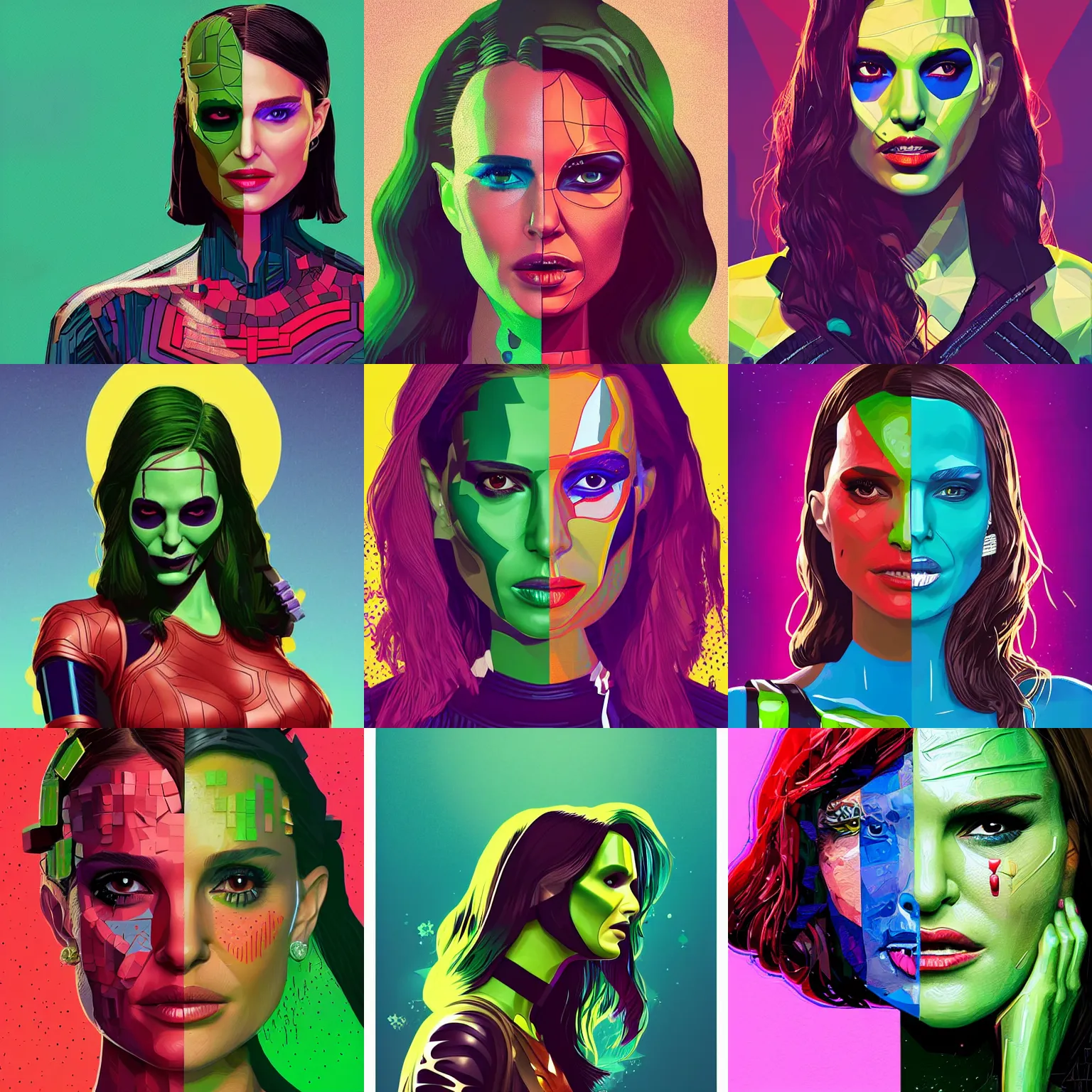 Prompt: Natalie Portman as gamora (Guardians of the Galaxy) by Sandra Chevrier, beeple, Pi-Slices and Kidmograph, beautiful digital illustration