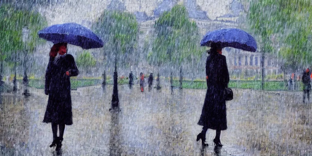 Image similar to parisian woman in the jardin du luxembourg, paris, raining, impressionist art style, 4K