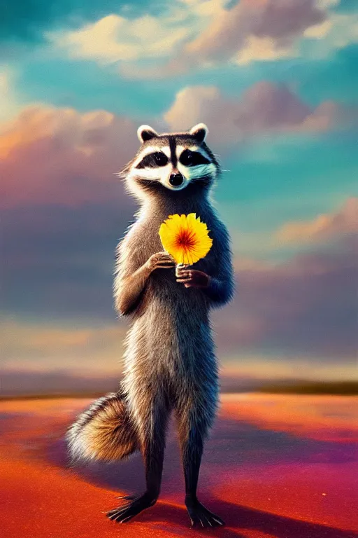 Image similar to beautiful female anthropomorphic raccoon wearing a dress on salt flats holding a flower, surreal photography, sunrise, dramatic light, impressionist painting, colorful clouds, digital painting, artstation, simon stalenhag