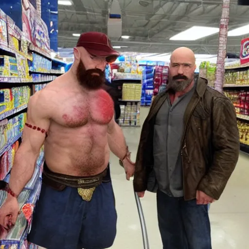 Prompt: kratos from god of war shopping at a walmart with walter white