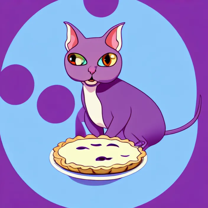 Image similar to a spherical anthropomorphic sphynx cat fursona with big eyes eating a slice of blueberry pie, round, fat, furry art, cute, oil on canvas, soft lighting