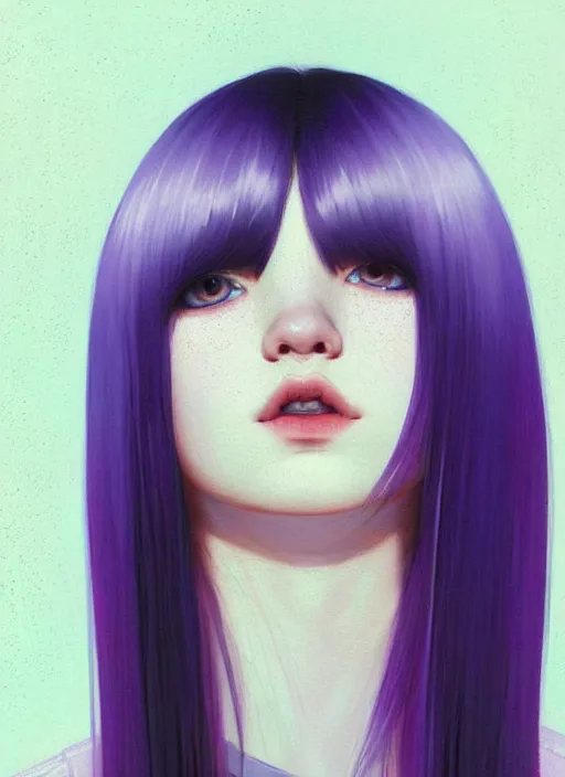 Image similar to hair whitebangs hair, black hair, whitebangs, portrait of teenage girl with white bangs, red irises, purple clothes, white bangs, bangs are different color from hair, intricate, elegant, glowing lights, highly detailed, digital painting, artstation, concept art, smooth, sharp focus, illustration, art by wlop, mars ravelo and greg rutkowski