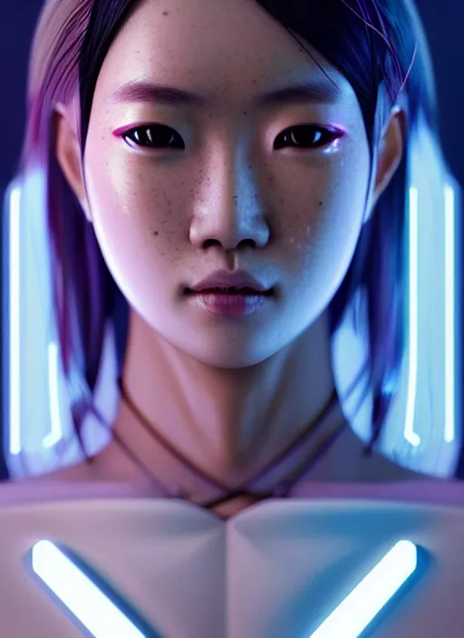 Prompt: photorealistic portrait of asian female humanoid, freckled skin, cyber neon lightings, highly detailed, cyberpunk high fashion, elegant, crispy quality, trending in artstation, trending in pinterest, glamor pose, no signature, no watermark, cinematic, octane render, art by artgerm, art by greg rutkowski, art by pascal blanche