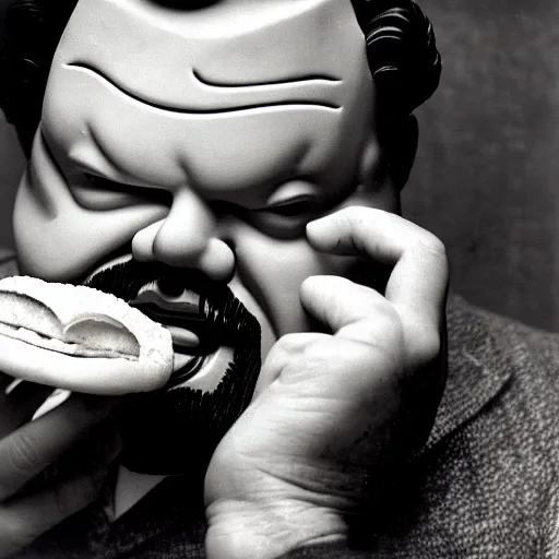 Image similar to portrait of orson welles eating a hamburger, wood sculpture,