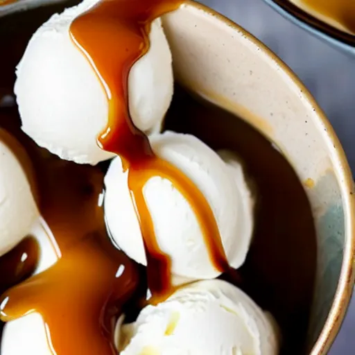 Image similar to closeup of a bowl with three balls of plain vanilla ice cream. with small amounts of caramel sauce on top. Simplistic. Food photography.