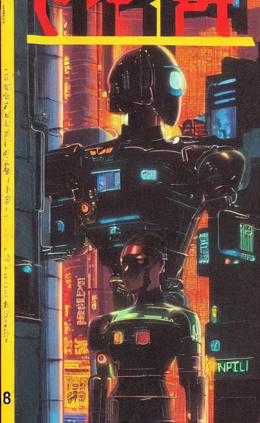 Image similar to 1979 OMNI Magazine Cover of an android raven in street level neo-Tokyo in cyberpunk 2020 style by Vincent Di Fate