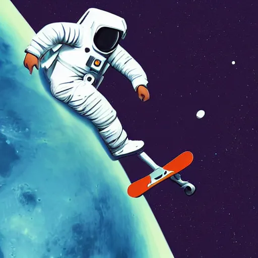 Image similar to an astronaut is skateboarding on the moon digital art